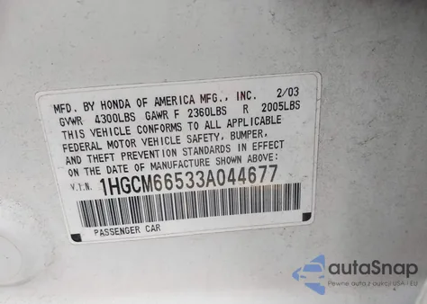 2003 Honda Accord 3.0 Ex z USA, uszkodzony, nr VIN 1HGCM66533A044677